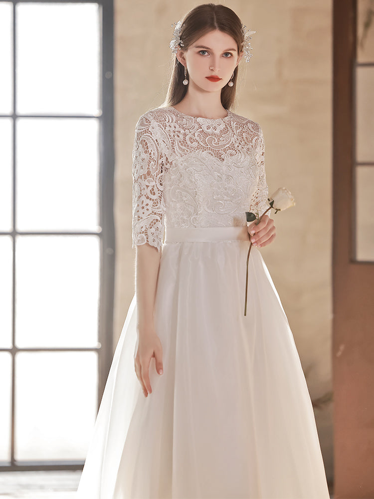 White Lace Short Sleeves Pretty Wedding Party Dress, White Graduation Dress