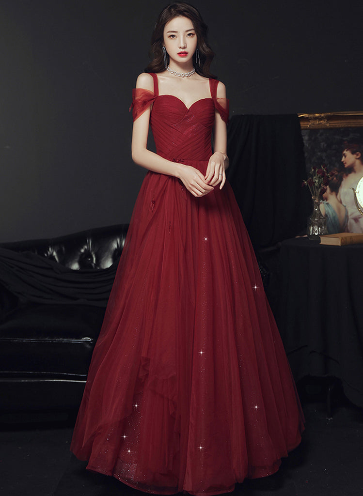 Wine Red Tulle V-Neckline Off Shoulder With Bow, Wine Red Tulle Long Formal Prom Dress