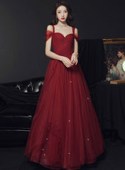 Wine Red Off Shoulder Tulle Party Dress, Wine Red Tulle Prom Dress Evening Dress