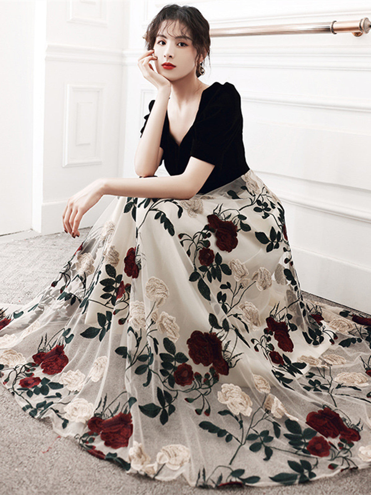 Black A-line Velvet and Floral Tulle Prom Dress, Black Long Party Dress Evening Dress