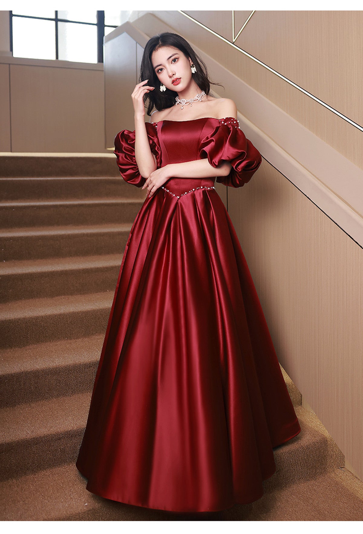 Wine Red Satin Beaded Puffy Sleeves Long Party Dress, Wine Red Long Pr – Cutedressy Wine Red Satin Beaded Puffy Sleeves Long Party Dress, Wine Red Long Pr – Cutedressy