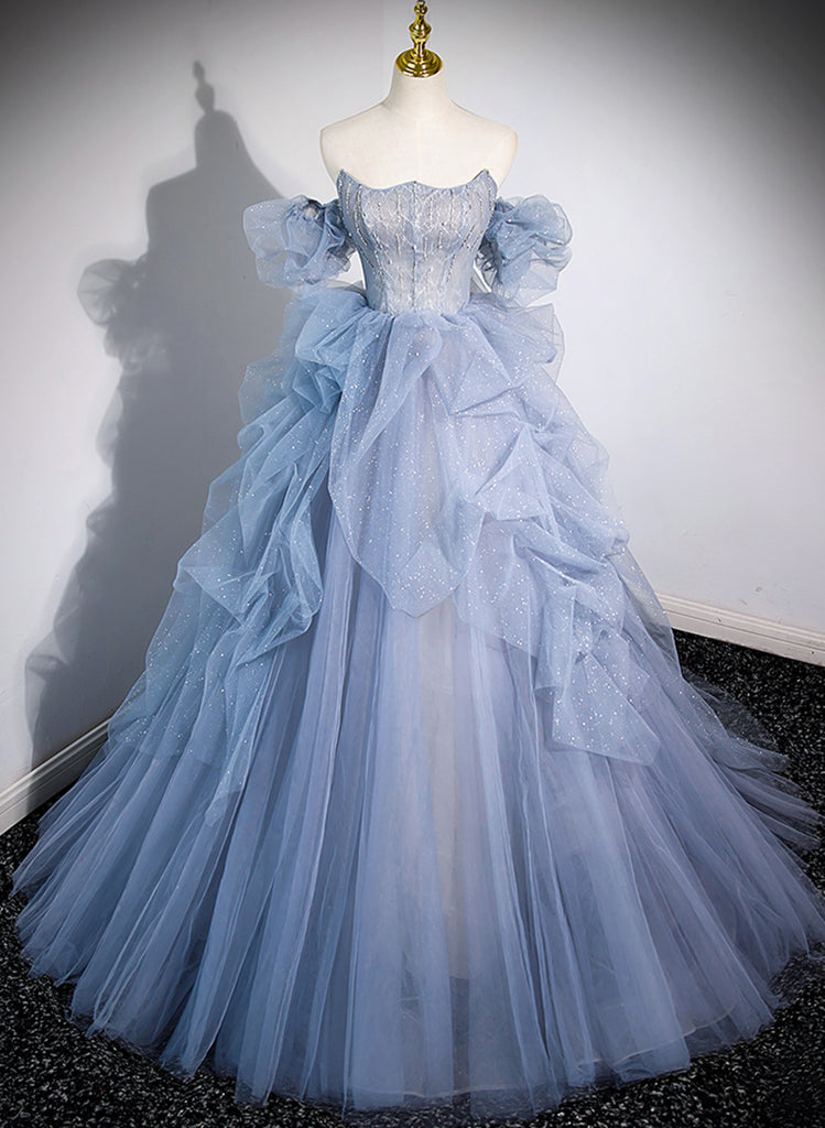 Light Blue Off Shoulder Rhinestone Beaded Tulle Prom Dresses, Lovely Prom Dresses, PD0416