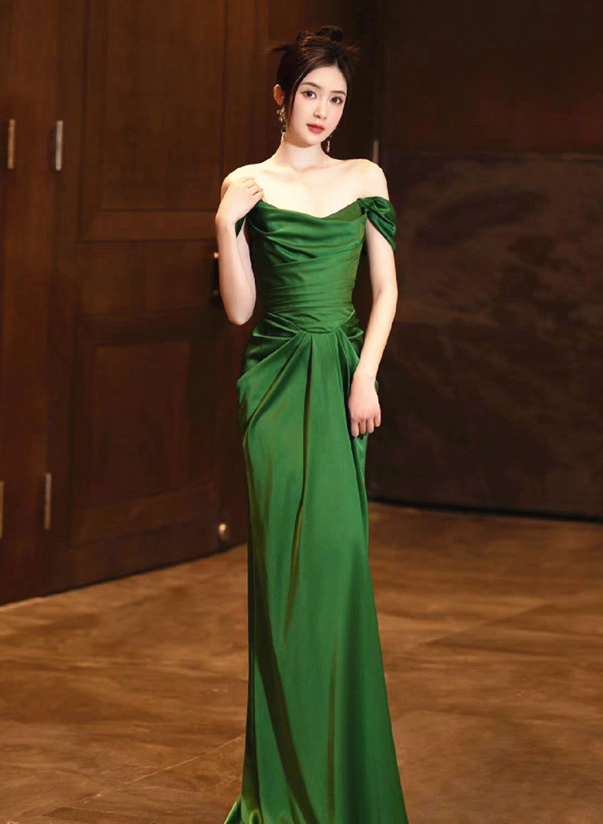 Green Off Shoulder Beautiful Soft Satin Evening Dress, Green Long Prom Dress