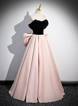 Lovely Pink and Black Off Shoulder Long Prom Dress with Bow, Pink Long Evening Dress