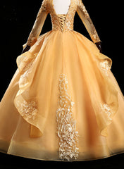 Gold Tulle Long Sleeves Lace Applique Formal Dress, Ball Gown Sweet 16 Dress