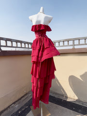 Wine Red Chiffon Layers Strapless Long Party Dress, A-line Wine Red Chiffon Prom Dress