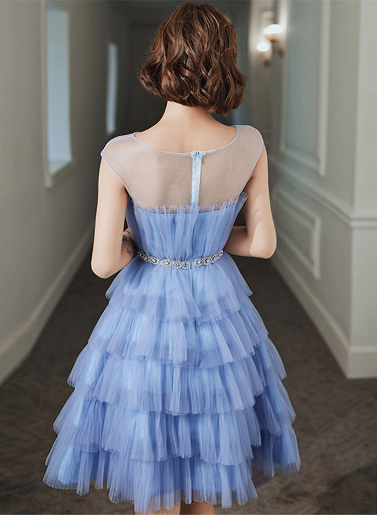 Blue Tulle Round Neckline Short Party Dress, Blue Tulle Homecoming Dre