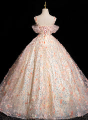 Lovely Lace Straps Pink Flowers Sweetheart Party Dress, Pink Off Shoulder Prom Dress