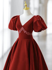 Wine Red Velvet V-neckline Beaded Short Sleeves Party Dress, Wine Red Long Prom Dress