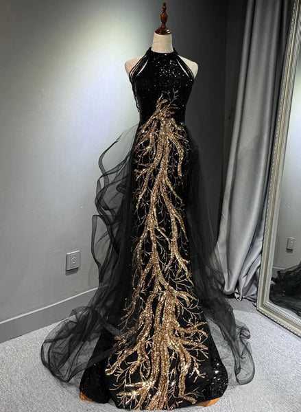 Black Halter A-line Tulle and Sequins Evening Dress, Black Long Prom D Cutedressy Black Halter A-line Tulle and Sequins Evening Dress, Black Long Prom D Cutedressy