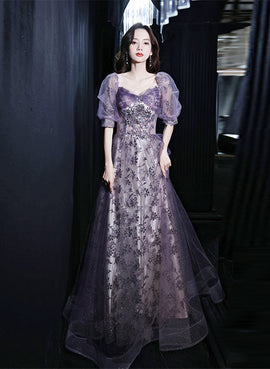 Purple A-line Tulle Long Party Dress, Purple Lace Short Sleeves Formal Dress