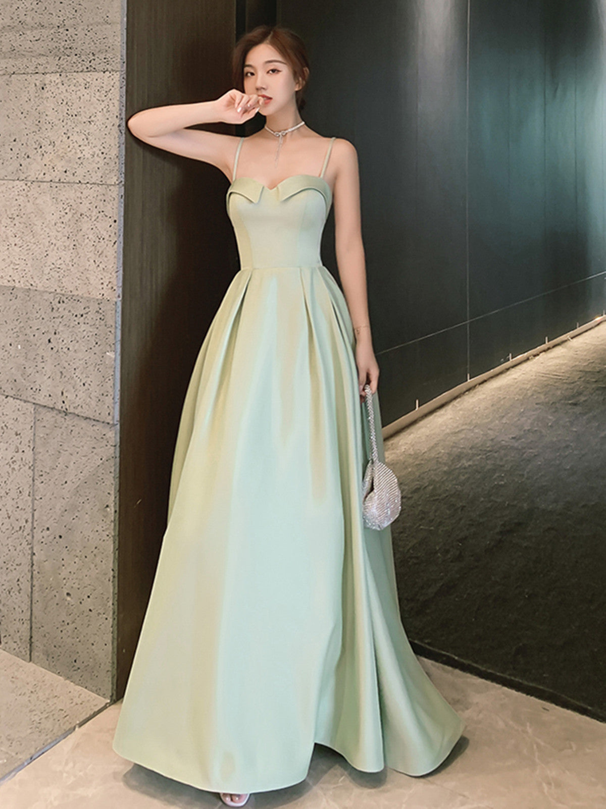 Simple Sweetheart Straps Satin Long Party Dress, A-line Satin Green Prom Dress
