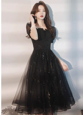 Lovely Black Tulle Short Sleeves A-line Homecoming Dress, Black Tulle Party Dress
