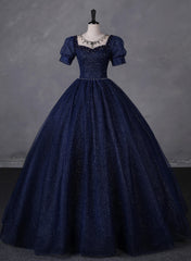 Navy Blue Round Neckline Short Sleeves Tulle Party Dress, Navy Blue Long Prom Dress