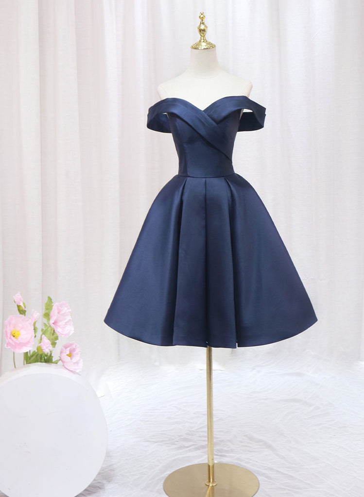 Navy Blue Knee Length Off Shoulder Homecoming Dress, Navy Blue Short Prom Dress