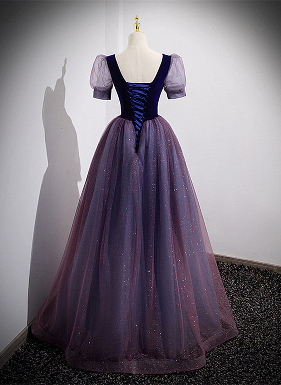 Purple Velvet and Tulle Short Sleeves Evening Dress, Purple A-line Formal Dress Prom Dress