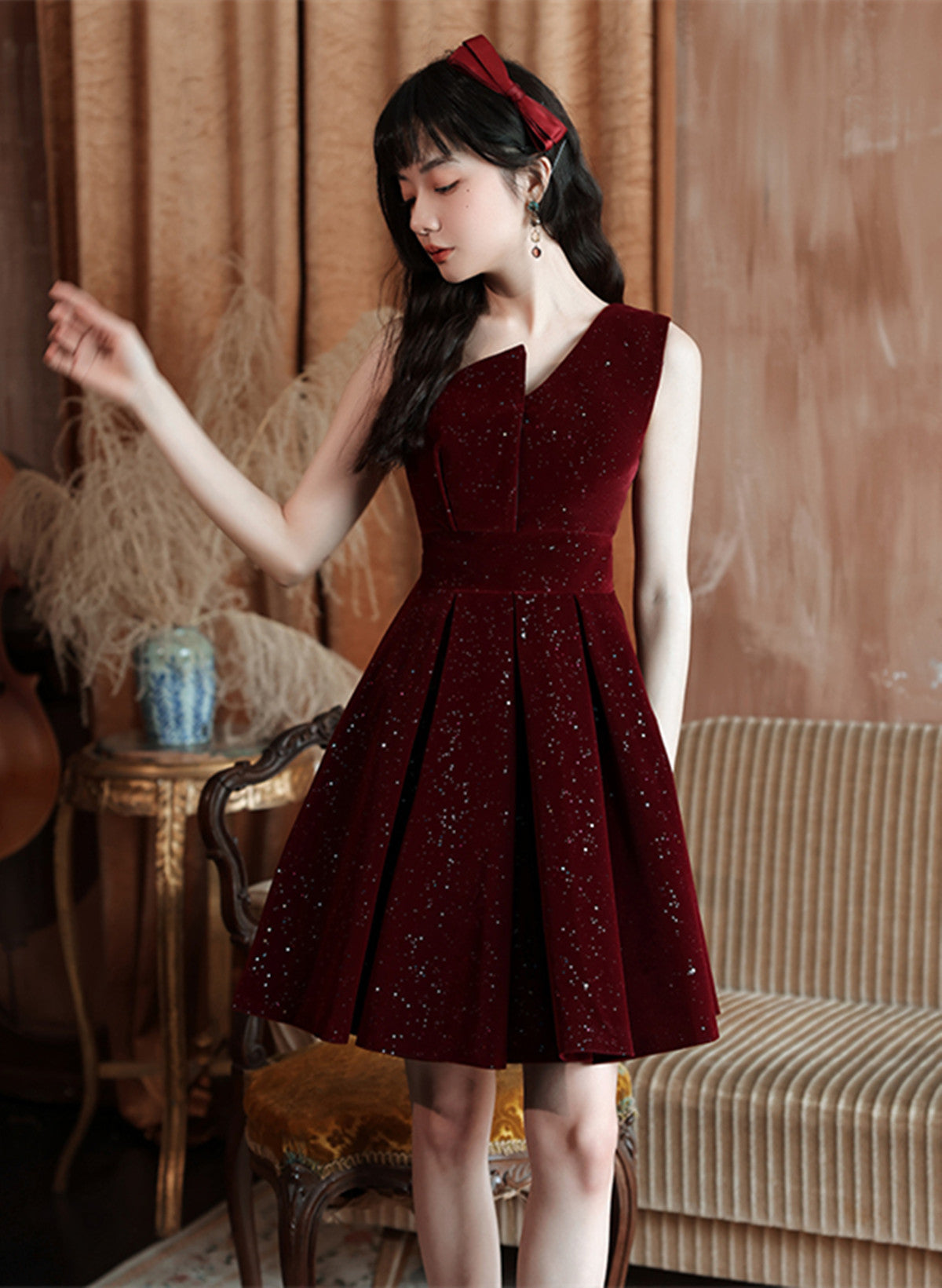 Wine Red Shiny Velvet Short Party Dress, A-line Short Homecoming Dress Cutedressy Wine Red Shiny Velvet Short Party Dress, A-line Short Homecoming Dress Cutedressy