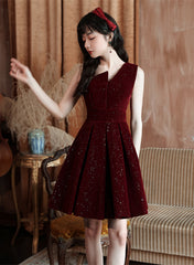 Wine Red Shiny Velvet Short Party Dress, A-line Short Homecoming Dress Prom Dress