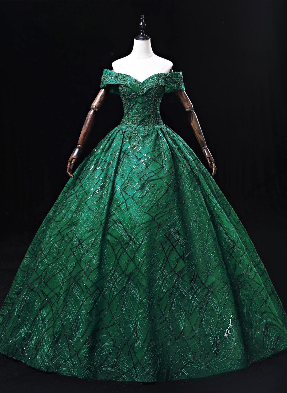 Green Ball Gown Off Shoulder Tulle Party Dress, Green Lace Sweet 16 Dress