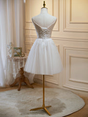 Cute Ivory Tulle V-neckline Short Party Dress, A-line Graduation Dress Prom Dress