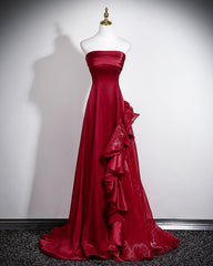Elegant Strapless Wine Red Evening Gown with Organza Skirt, Wine Red Satin A-line Prom Dress