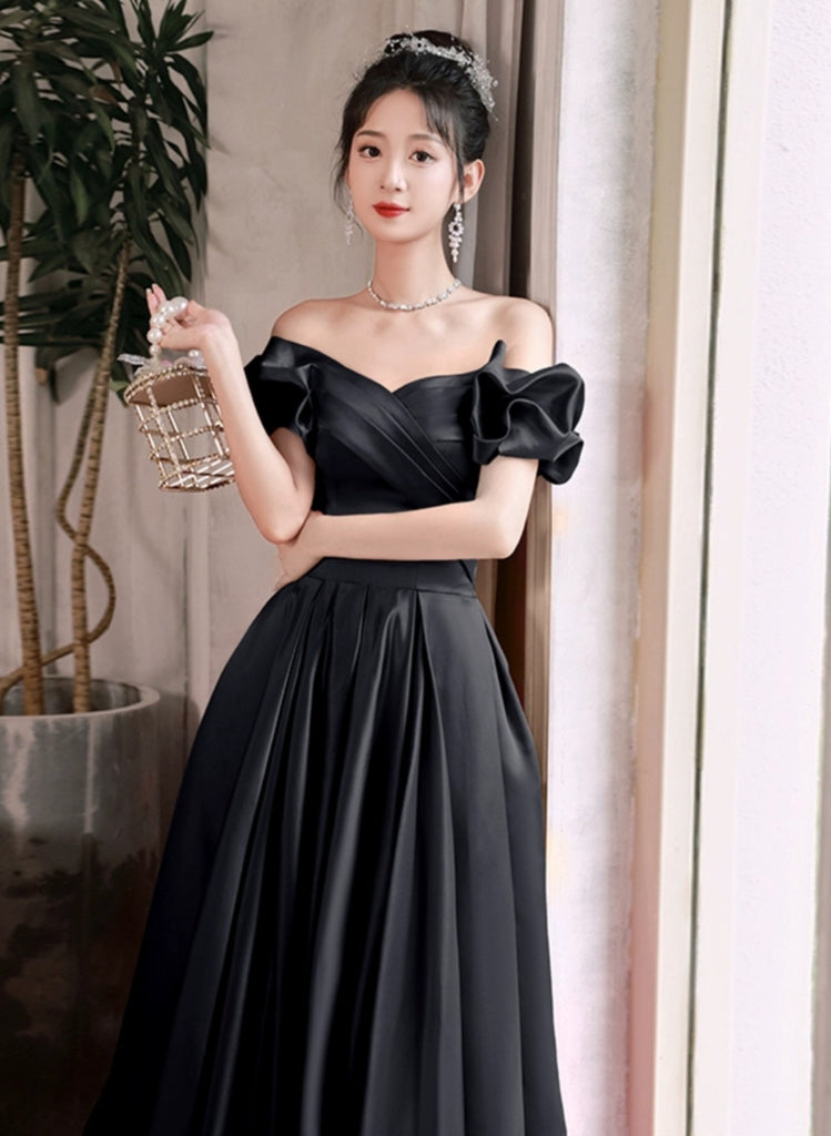 Black Satin Off Shoulder Long Formal Dress Evening Dress, Black Satin