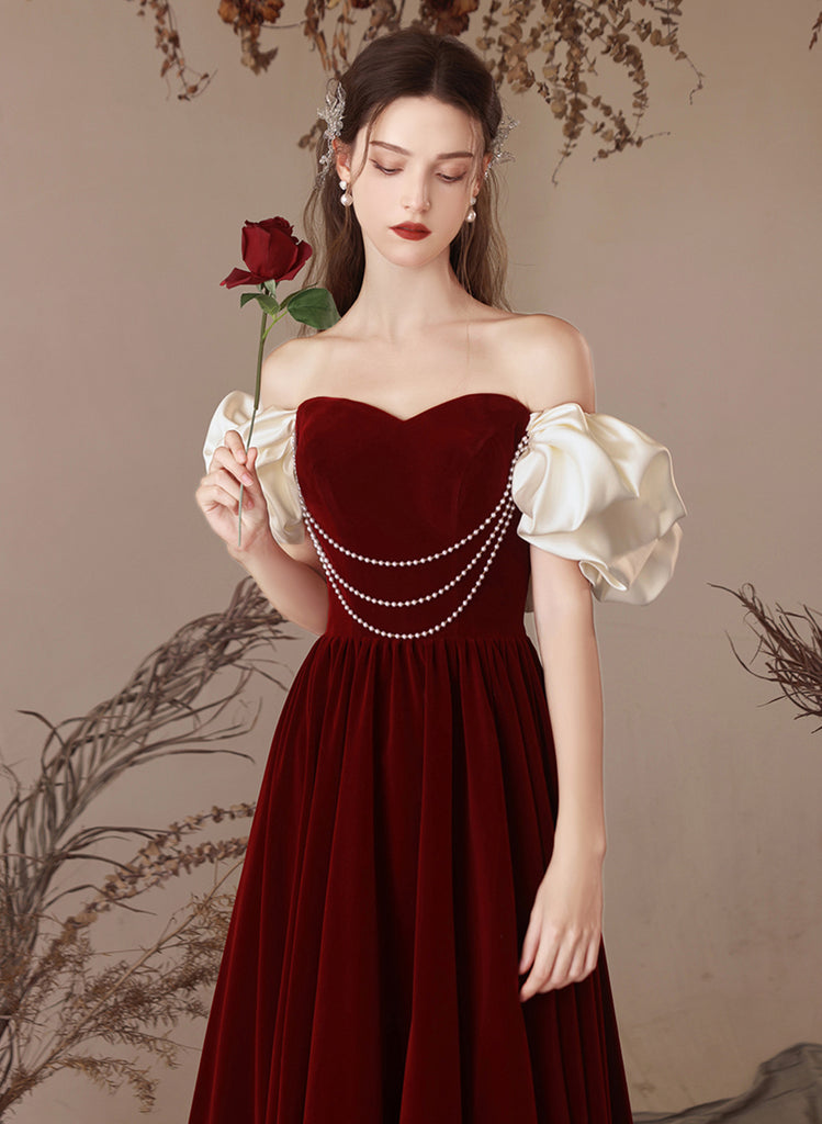 Wine Red Velvet Off Shoulder A-line Prom Dress, Wine Red Velvet Simple Party Dress