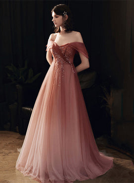 Pink Gradient Tulle Beaded Off Shoulder Party Dress, Pink Long Formal Dress Prom Dress