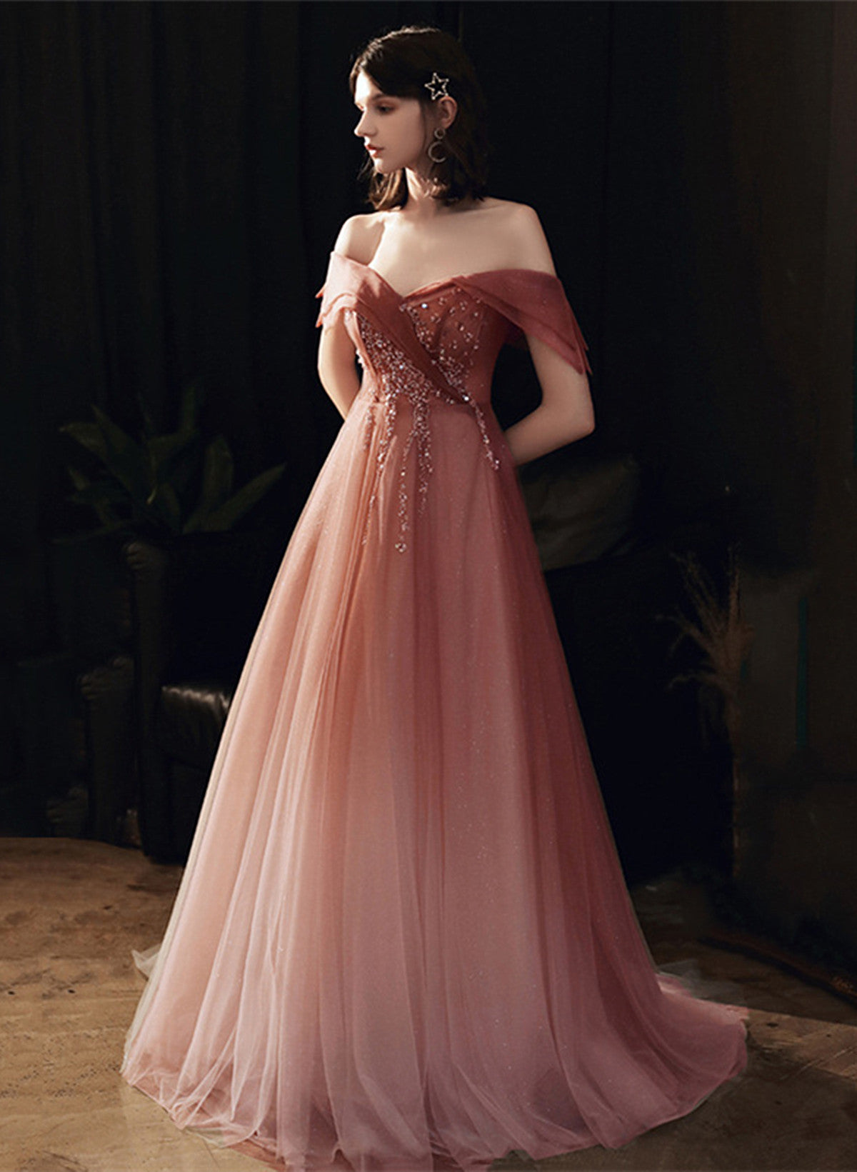 Pink Gradient Tulle Beaded Off Shoulder Party Dress, Pink Long Formal Cutedressy Pink Gradient Tulle Beaded Off Shoulder Party Dress, Pink Long Formal Cutedressy