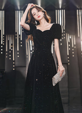Black A-line Velvet Long Formal Dress, Black Sweetheart Long Prom Dress