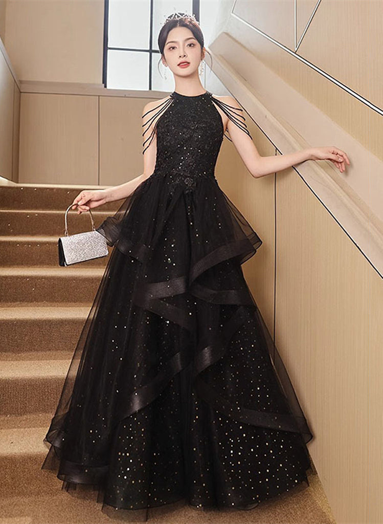 Black A-line Beaded Tulle Long Formal Dress,DS3475