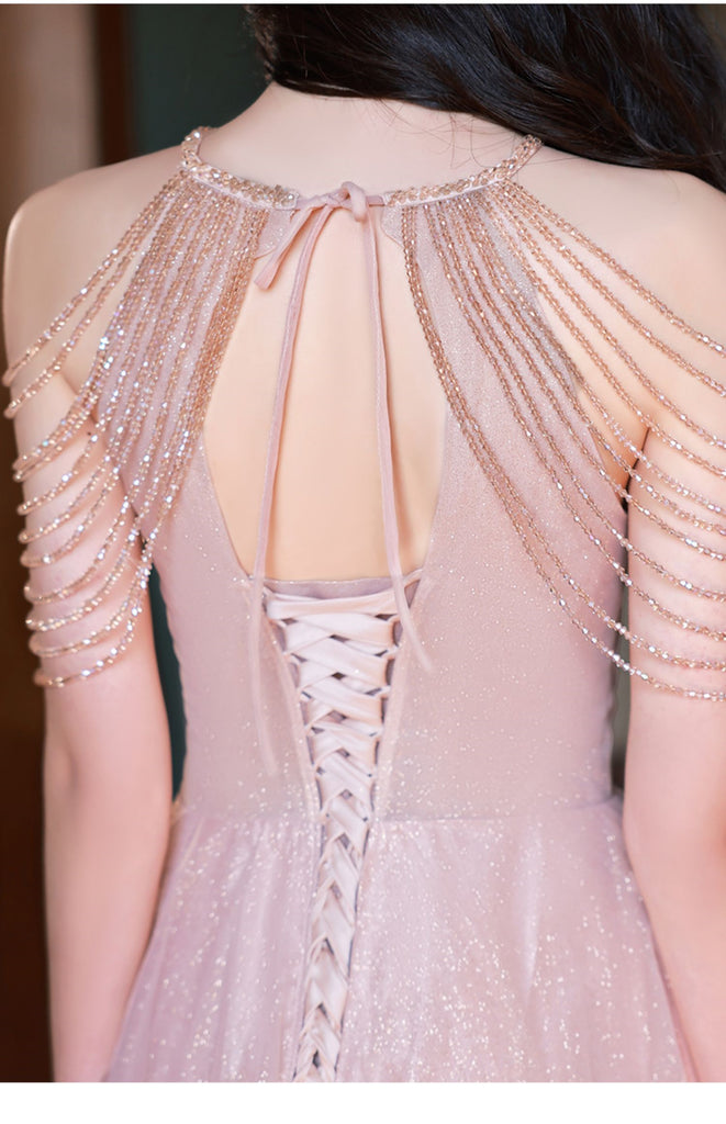 18001 Pink Cross Back Shimmer Tulle Dress