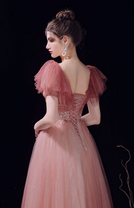 Pink V-neckline Tulle Long Formal Dress Prom Dress, Pink Tulle Evening Dress