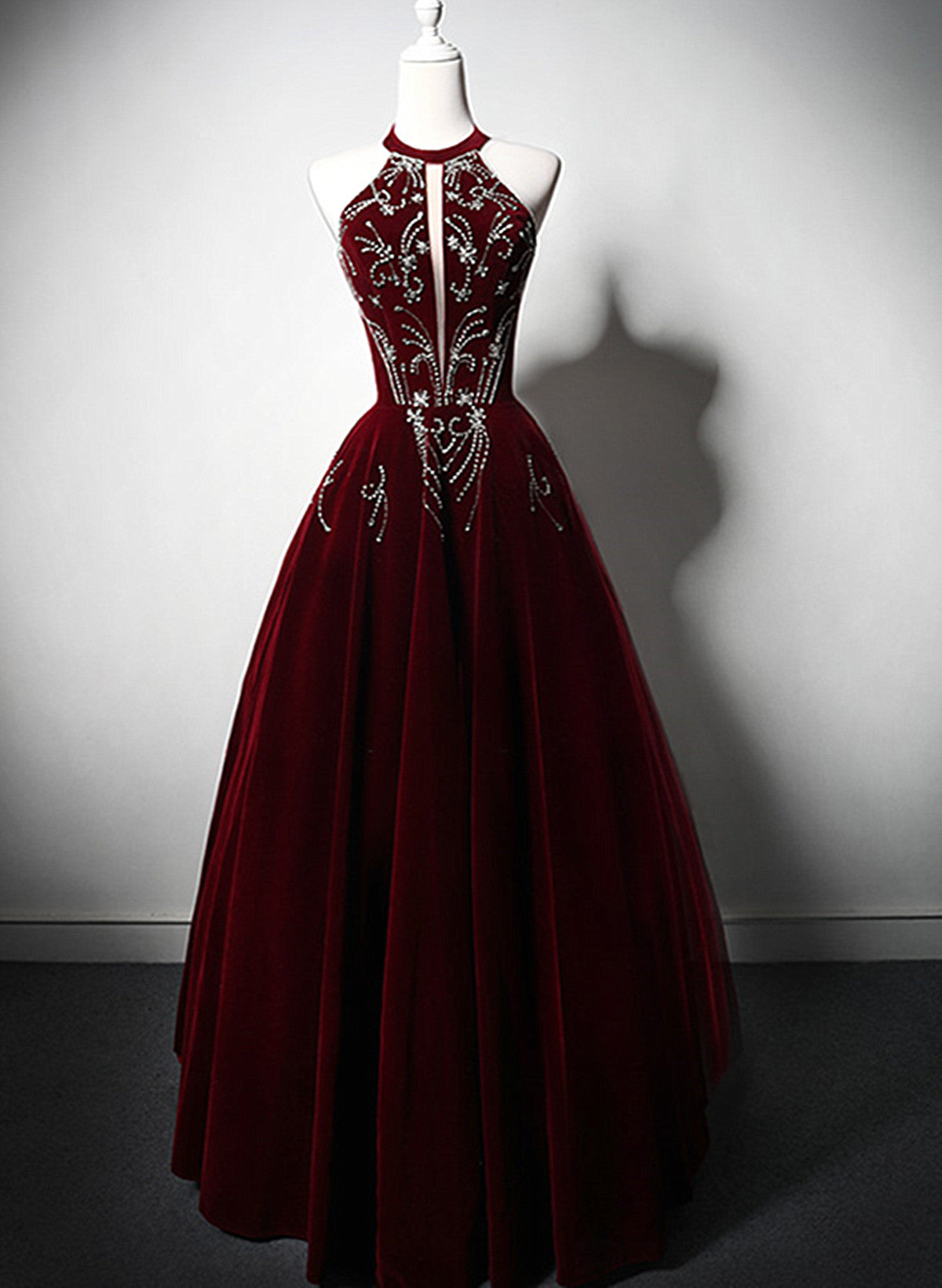 Wine Red Halter Velvet Long Beaded Prom Dress, A-line Velvet Formal Dr Cutedressy Wine Red Halter Velvet Long Beaded Prom Dress, A-line Velvet Formal Dr Cutedressy