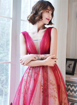 Beautiful V-neckline Long Party Dress with Belt, Tulle Long Evening Dress