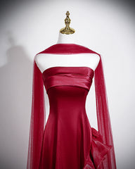 Elegant Strapless Wine Red Evening Gown with Organza Skirt, Wine Red Satin A-line Prom Dress