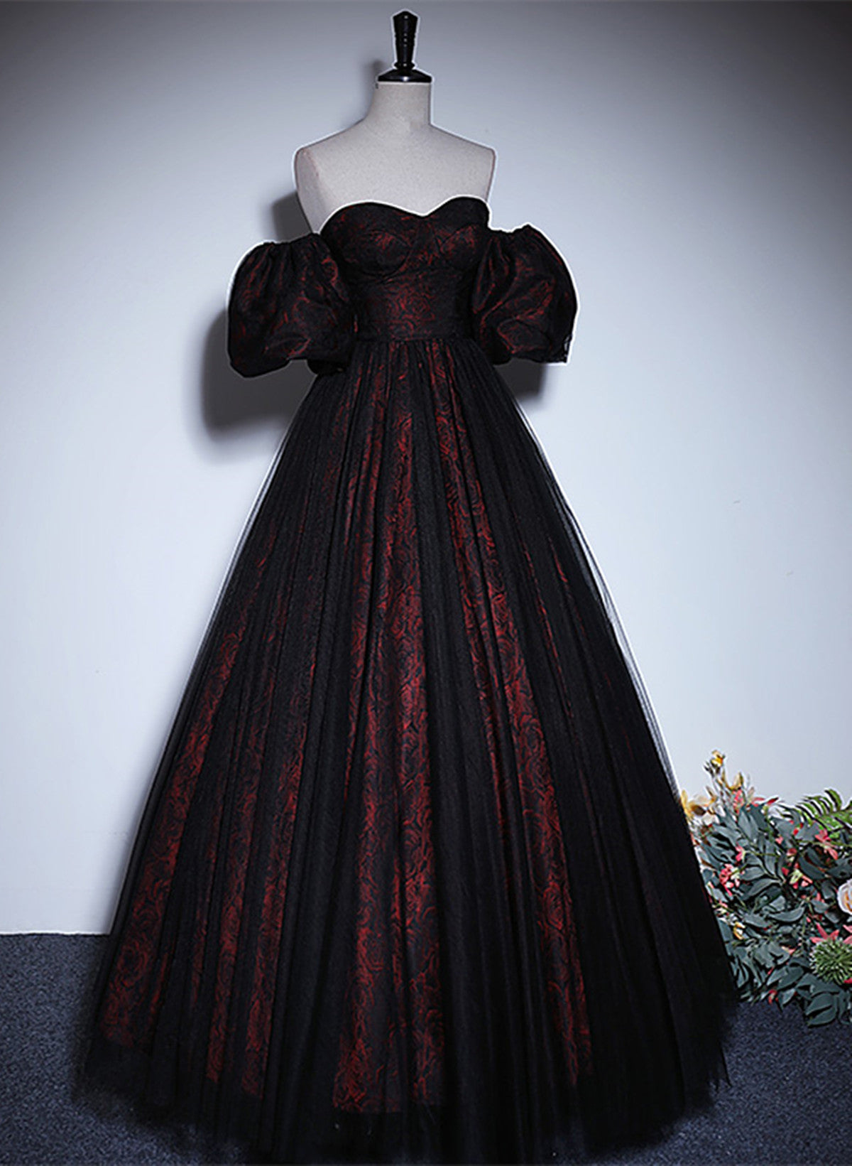 A-line Black and Red Lace Long Party Dress, Black and Red Prom Dress Cutedressy A-line Black and Red Lace Long Party Dress, Black and Red Prom Dress Cutedressy