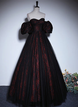 A-line Black and Red Lace Long Party Dress, Black and Red Prom Dress