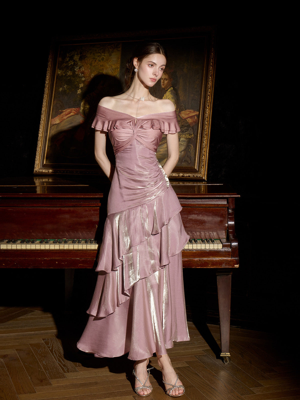 Pink Off Shoulder Layers Long Formal Gown, Elegant Pink Floor Length Evening Dress Formal Dress