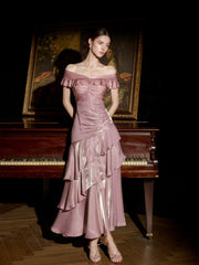 Pink Off Shoulder Layers Long Formal Gown, Elegant Pink Floor Length Evening Dress Formal Dress