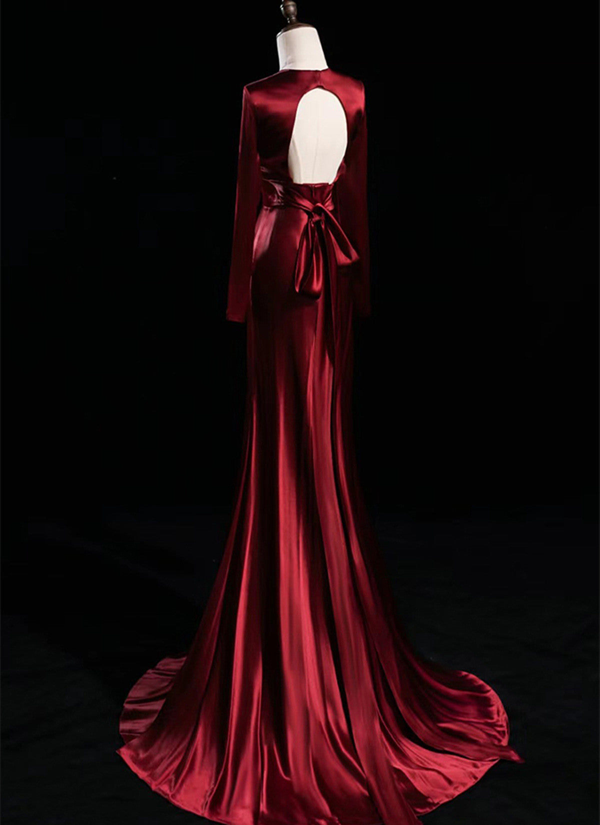 Wine Red Satin V-neckline Long Sleeves Formal Dress, Wine Red Evening Dress Prom Dress