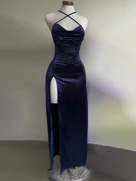 Navy Blue Satin Straps Long Evening Dress, Navy Blue Satin Prom Dress Party Dress