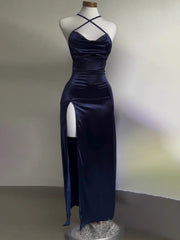 Navy Blue Satin Straps Long Evening Dress, Navy Blue Satin Prom Dress Party Dress