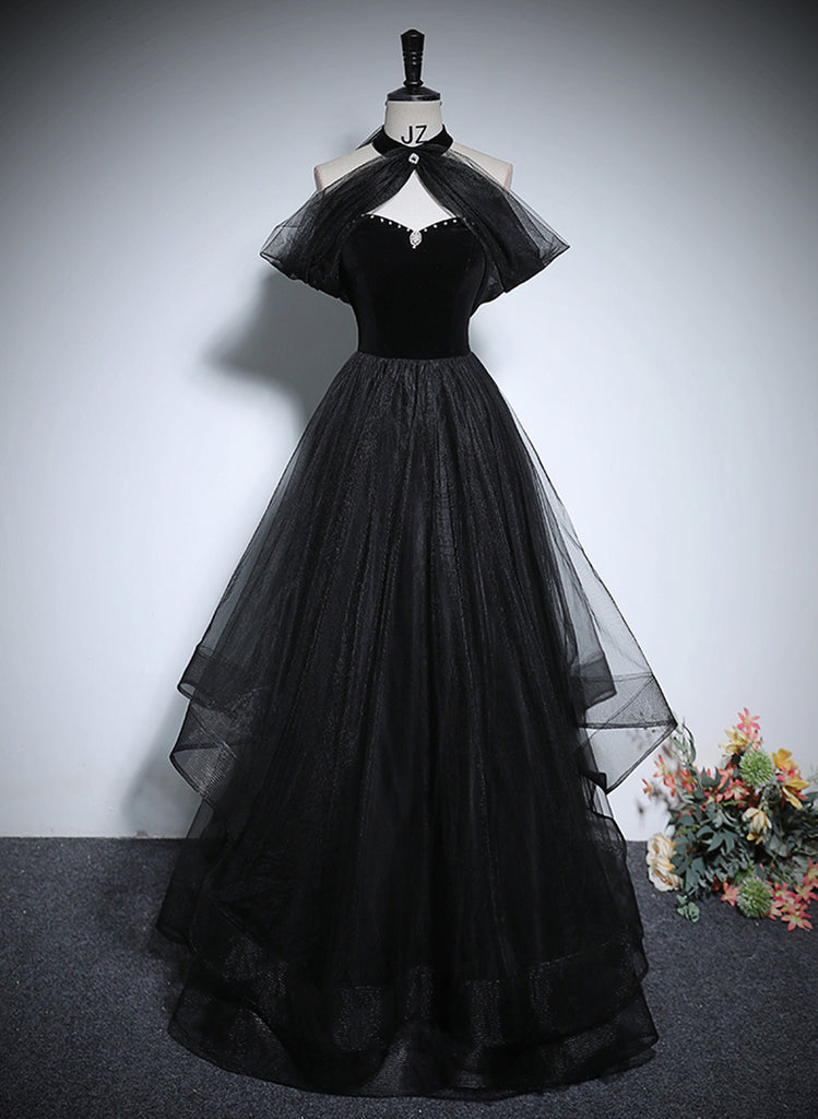 Black Velvet and Tulle Long Lace Party Dress, Black A-line Formal Dress