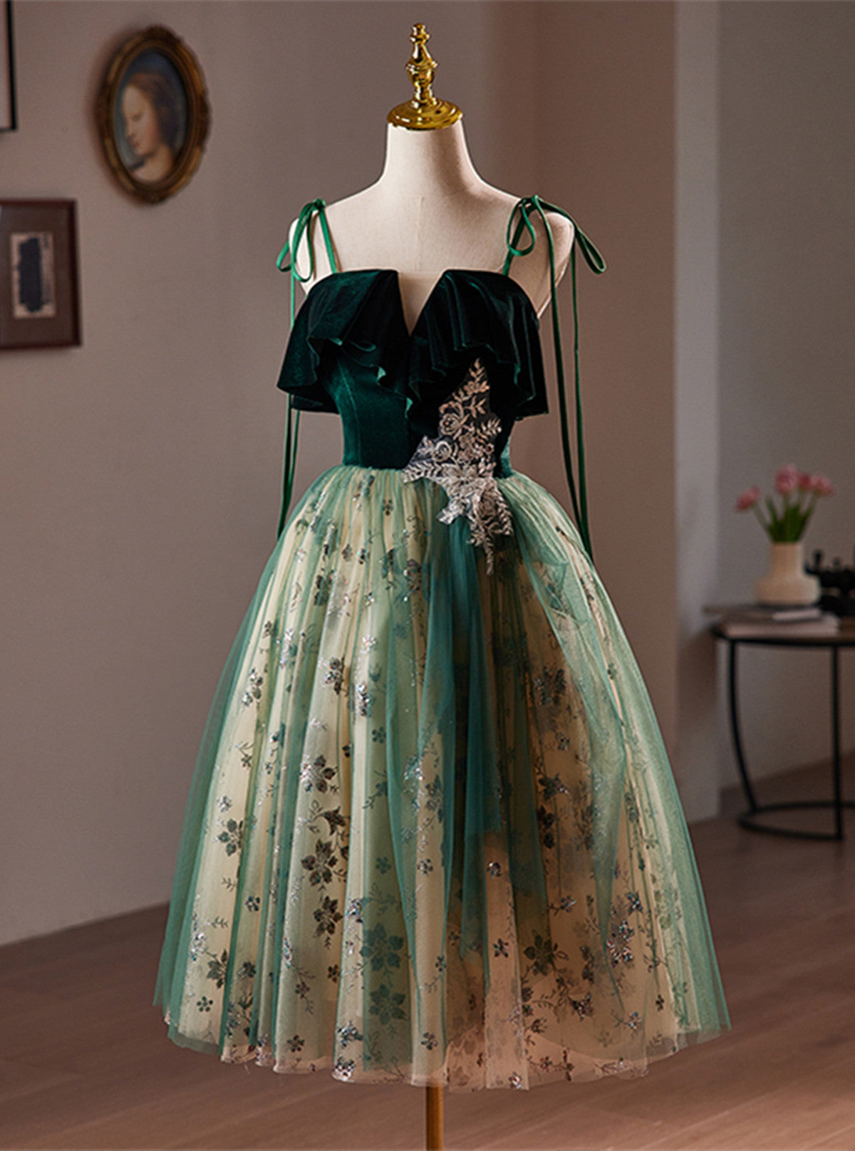 Green Tulle Knee Length Straps Homecoming Dress, Green Homecoming Dres Cutedressy Green Tulle Knee Length Straps Homecoming Dress, Green Homecoming Dres Cutedressy