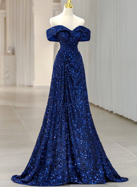 Blue Sequins Sweetheart Off Shoulder Party Dress, A-line Blue Long Evening Dress Prom Dress