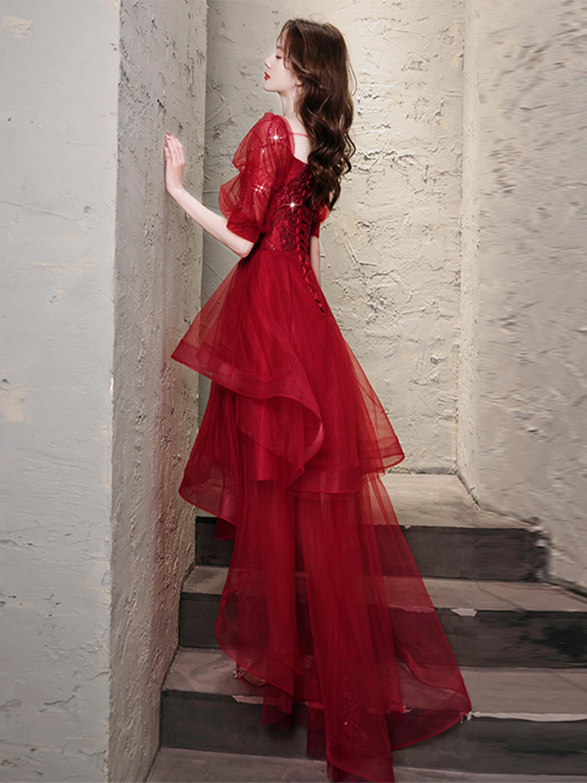 Chic Wine Red High Low Short Sleeves Party Dress, Wine Red High Low Homecoming Dress Chic Wine Red High Low Short Sleeves Party Dress, Wine Red High Low Homecoming Dress
