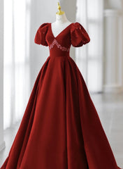 Wine Red Velvet V-neckline Beaded Short Sleeves Party Dress, Wine Red Long Prom Dress