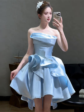 Light Blue Satin Strapless Knee Length Homecoming Dress, Light Blue Short Party Dress