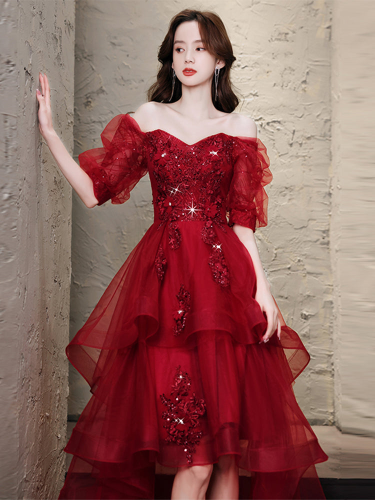 Chic Wine Red High Low Short Sleeves Party Dress, Wine Red High Low Homecoming Dress Chic Wine Red High Low Short Sleeves Party Dress, Wine Red High Low Homecoming Dress